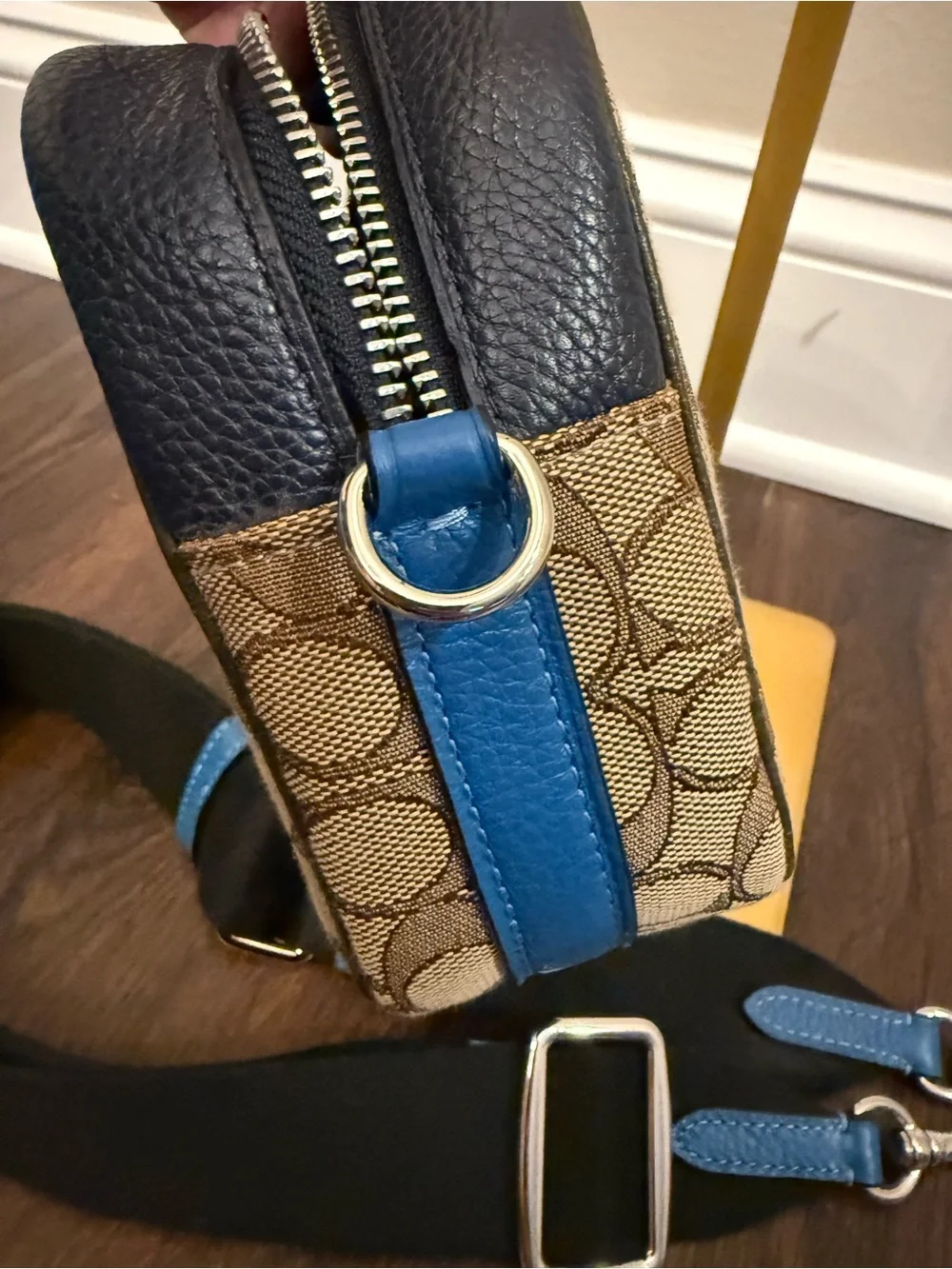 Coach Crossbody Bag in Brown, Black, Cream with Blue Strap Accents - Picture 4 of 9